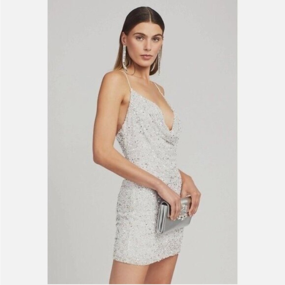 Retrofete Silver Sequin Mini Dress Cowl Neck Sleeveless BRIDAL